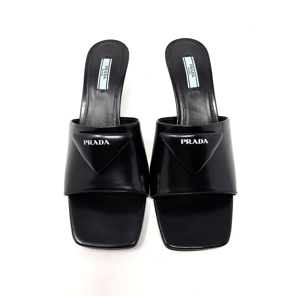 Prada Black Leather Triangle Logo Mule Slide Sandals Square Open Toe Heels 39 9